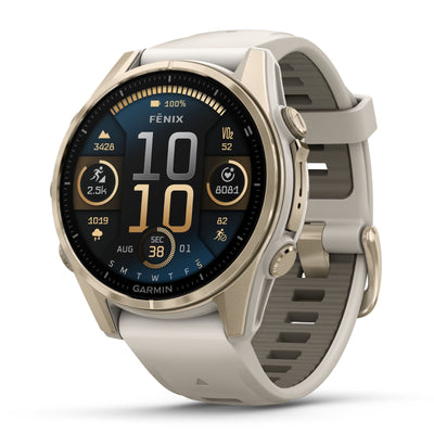 Garmin Fenix ​​​​8 Sapphire - 43 mm / AMOLED - Soft Gold avec bracelet en silicone gris brouillard/grès foncé - Montre multisport premium