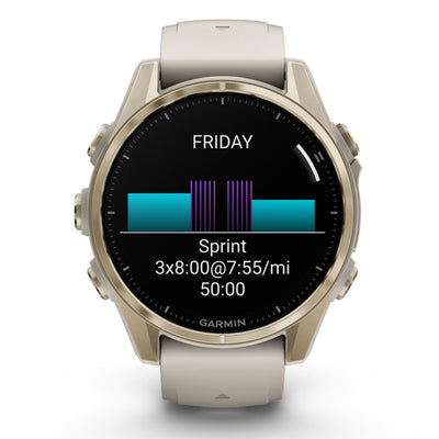 Garmin Fenix ​​​​8 Sapphire - 43 mm / AMOLED - Soft Gold avec bracelet en silicone gris brouillard/grès foncé - Montre multisport premium