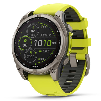 Garmin Fenix ​​​​8 Sapphire Solar - 47 mm &amp; 51 mm - Titane avec bracelet en silicone Amp Yellow/graphite - Montre multisport premium