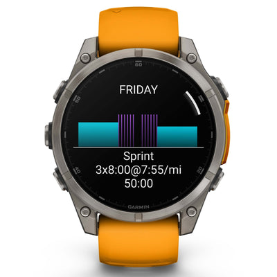 Garmin Fenix ​​​​8 Sapphire - 47 mm &amp; 51 mm / AMOLED - Titane avec bracelet en silicone orange Spark - Montre multisport premium