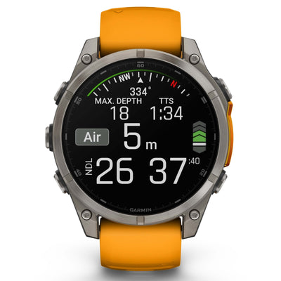 Garmin Fenix ​​​​8 Sapphire - 47 mm &amp; 51 mm / AMOLED - Titane avec bracelet en silicone orange Spark - Montre multisport premium