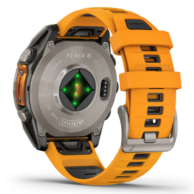 Garmin Fenix ​​​​8 Sapphire - 47 mm &amp; 51 mm / AMOLED - Titane avec bracelet en silicone orange Spark - Montre multisport premium