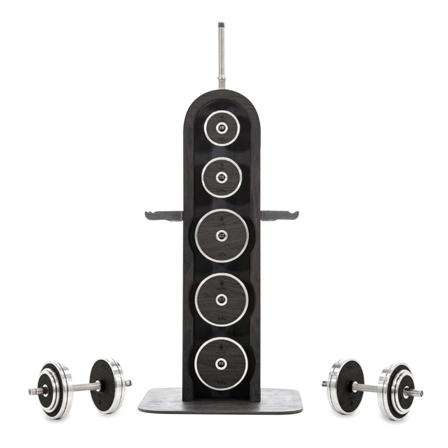 NOHRD Weight Plate Tower All Black - Set met Gungnir Dumbbells & Barbell - Zwart gebeist eikenhout